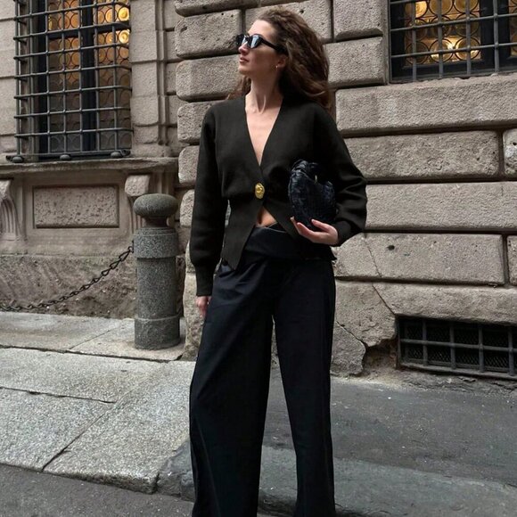 Black Preppy Elegant Minimalist Women's V-neck button detail Sweater Cardigan - Picture 3 of 7